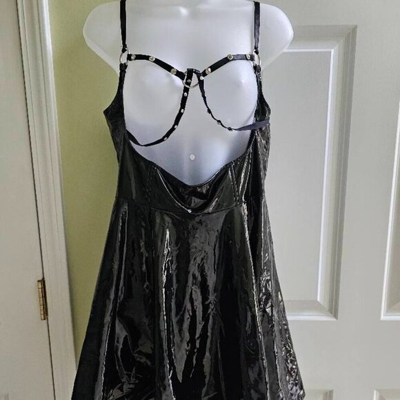 Dolls Kill Horoscopez Black PVC Rhinestone Suspender Skirt Dress Large - Picture 3 of 15